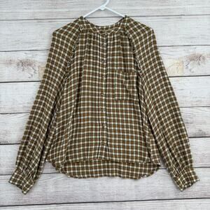 Pilcro Plaid Stretch Button Down Blouse Womens Medium Green Brown Pink